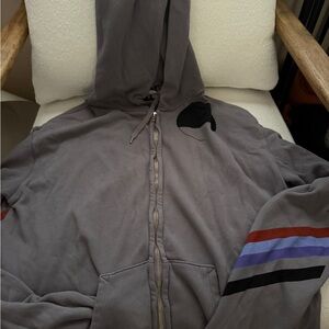 FreeCity Gray Hooded Jacket w/Purple, Red, and Black Accents & Striped Sleeves